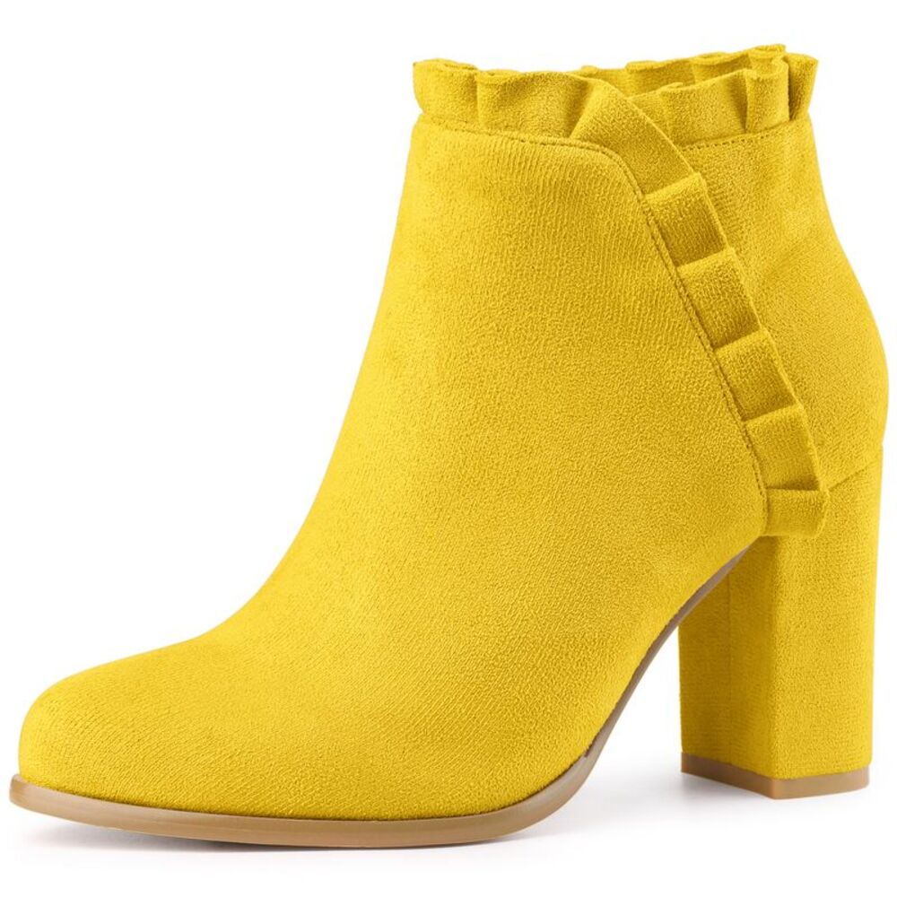 Round Toe Ruffle Ankle Boots Chunky Heel Boots Yellow